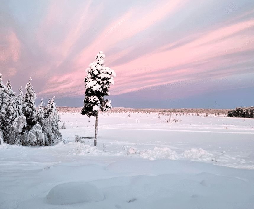 Luminen lappilainen maisema iltaruskossa